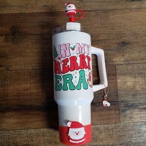Christmas Holiday Tumbler with Straw, Santa Straw Topper, Silicone Boot & Charm